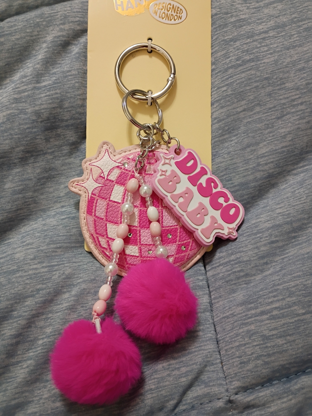 DISCO BABY Pink Pom Pom Keychain Charm